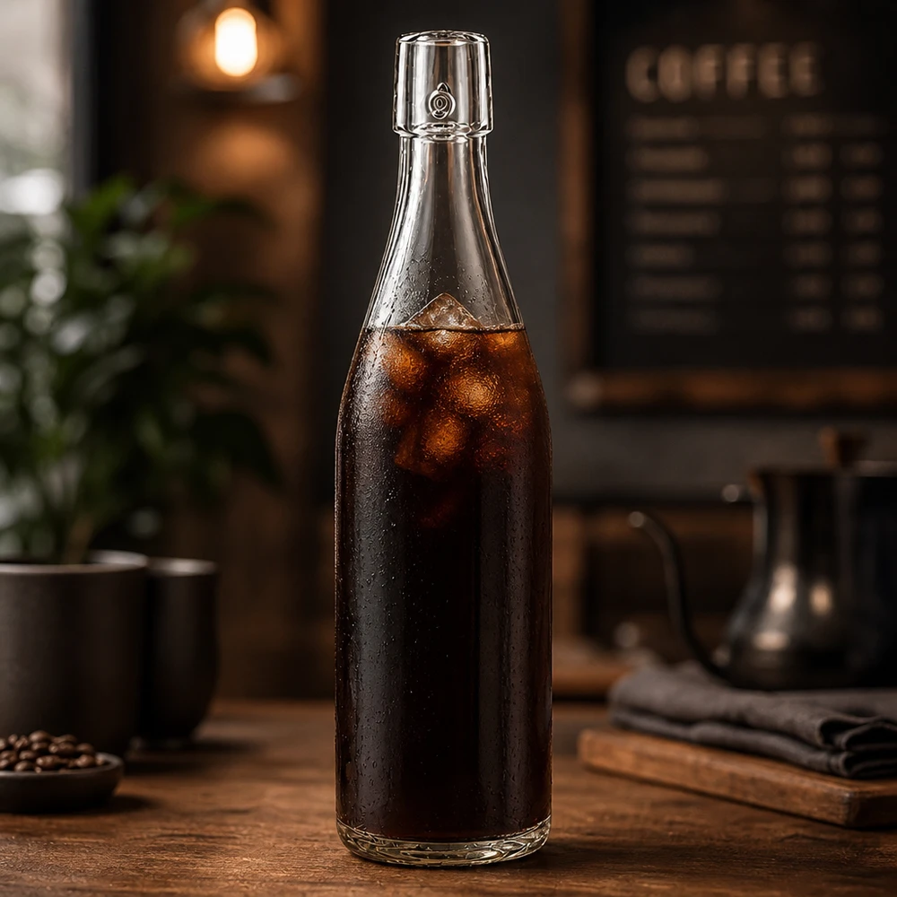 500ml UNiTWIST Glasflasche mit Cold Brew Kaffee in Café-Atmosphäre zeigt professionelle Gastronomie-Anwendung