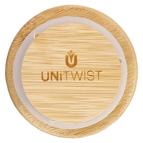 UNITWIST Holzdeckel RR60 Draufsicht mit eingelasertem Logo und transparentem Silikon-Dichtungsring für WECK Gläser
