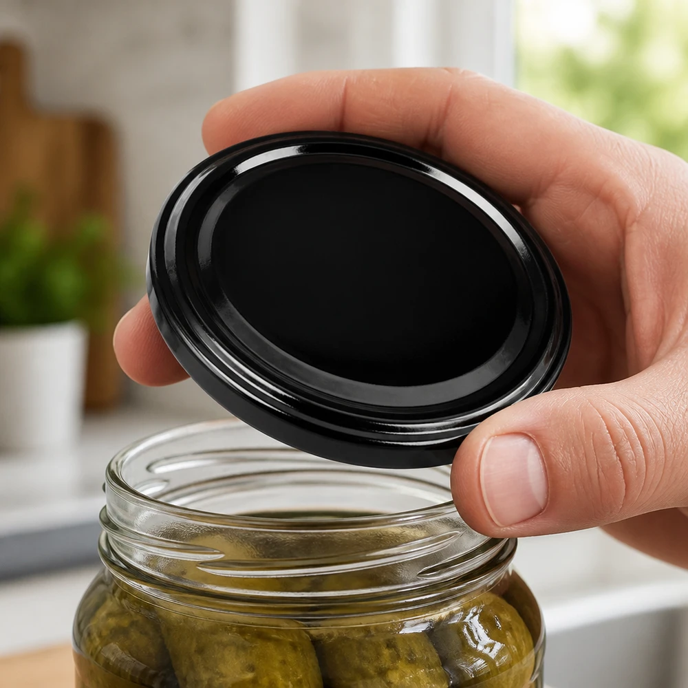 UNiTWIST TO48 schwarzer BioSeal BPA-NI Metalldeckel wird auf ein Einmachglas mit Gurken aufgesetzt