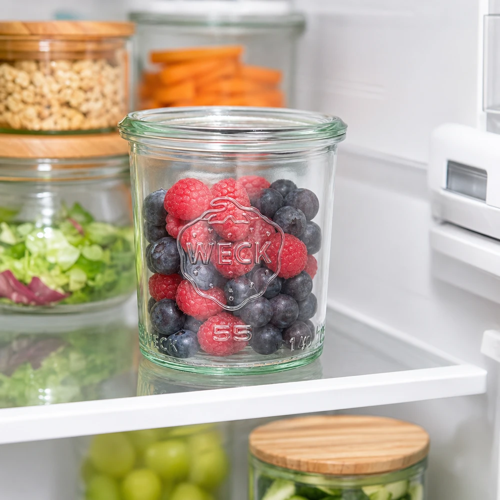 140ml Sturzglas WECK RR60 WECK Sturzglas 140ml RR60 mit Beeren gefüllt im Kühlschrank neben anderen Vorratsgläsern