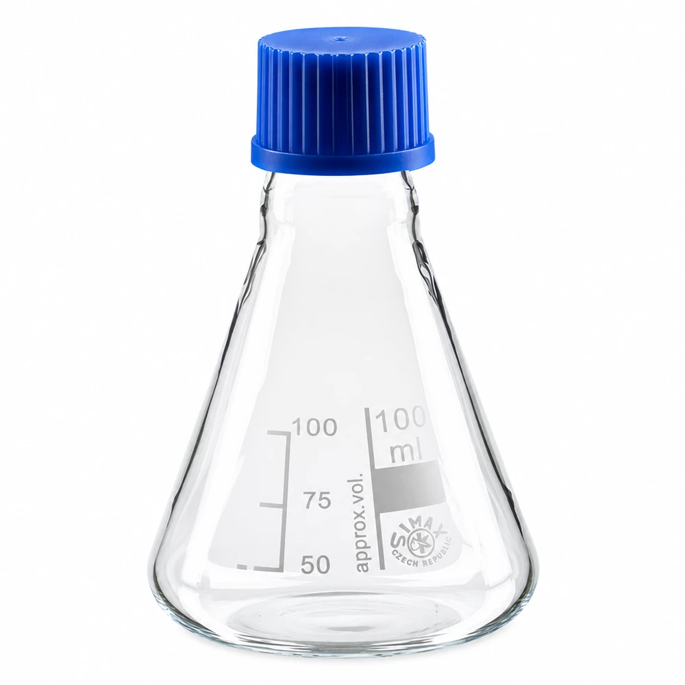 Erlenmeyerkolben 100ml Glas mit blauer Schraubkappe für Laborbedarf und professionelle Anwendung