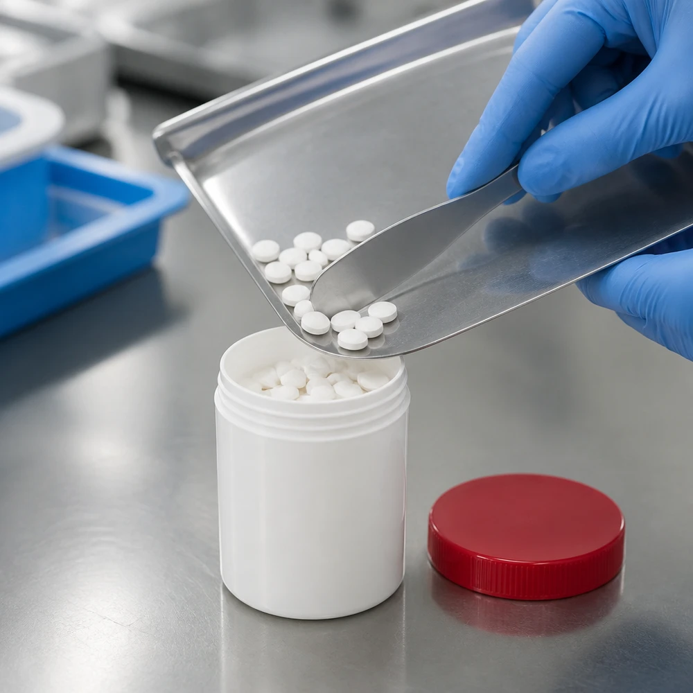 Salbenkruke 20g weiß mit rotem Schraubdeckel (Polypropylen) Weiße PP-Salbenkruke 20g mit rotem Schraubdeckel beim professionellen Befüllen mit Tabletten im Labor