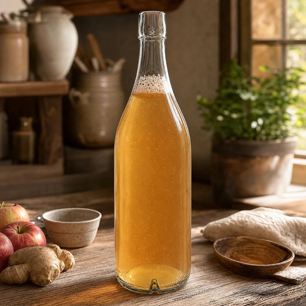 1000ml Glasflasche ohne Bügelverschluss UNiTWIST® 1000ml Glasflasche UNiTWIST mit goldenem Inhalt auf Holztisch neben Äpfeln und Ingwer in rustikaler Küche