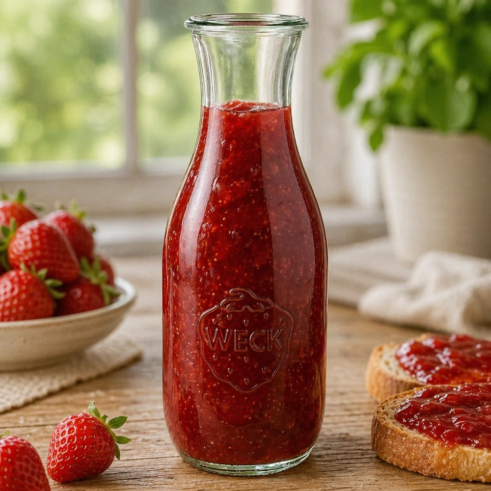 WECK Saftflasche 1062ml RR60 gefüllt mit hausgemachter Erdbeermarmelade neben Brotscheiben und frischen Beeren