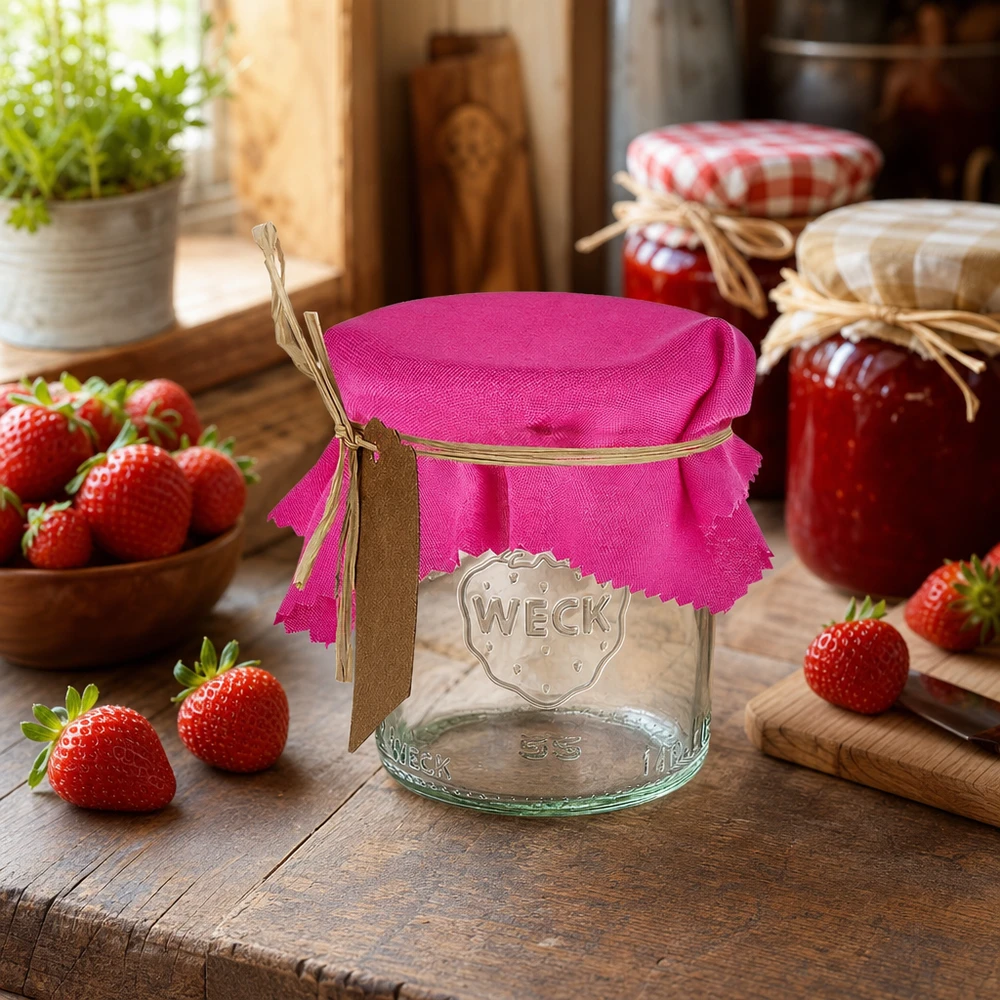 Stoff Schmuckdeckchen pink 12cm eckig Pinkes Schmuckdeckchen 12cm eckig auf Einmachglas in rustikaler Küche mit frischen Erdbeeren und Marmeladengläsern