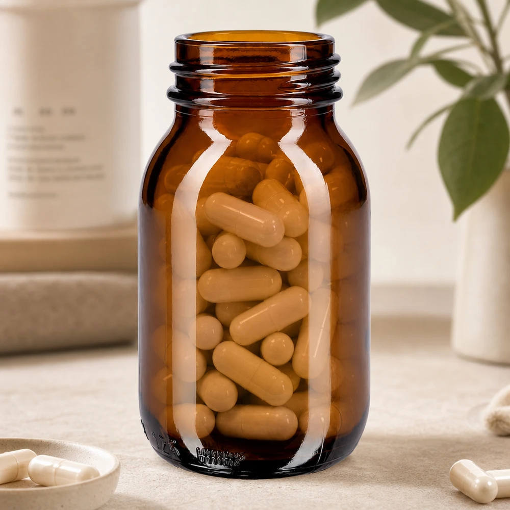 125ml Weithalsflasche Braunglas 125ml Weithalsflasche aus Braunglas gefüllt mit Kapseln für professionelle pharmazeutische und gewerbliche Anwendungen