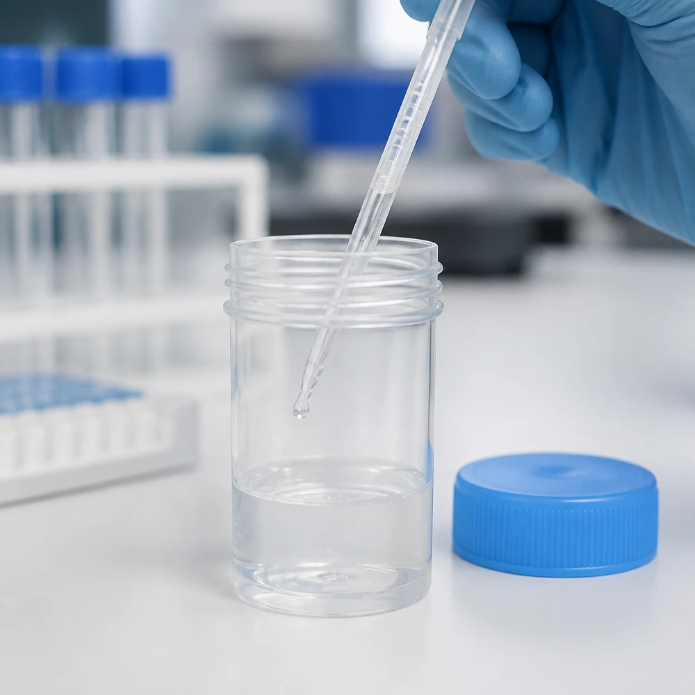 Universal Kunststoffdose (Pathogefäss) 20ml Kunststoffdose 20ml Pathogefäß transparent mit blauem Deckel im Labor mit Pipette befüllt