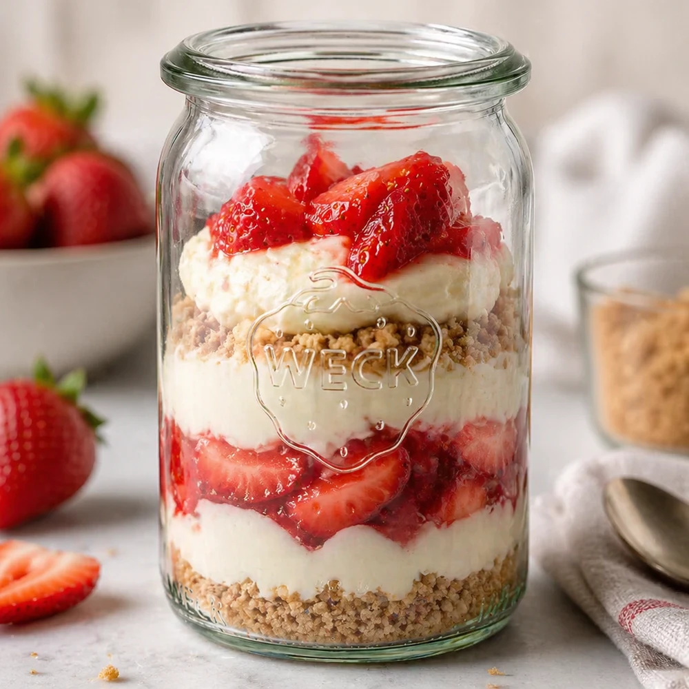 145ml Zylinderglas WECK RR40 WECK RR40 Zylinderglas 145ml als Dessertglas mit Erdbeeren Sahne und Streuseln geschichtet auf Küchentheke