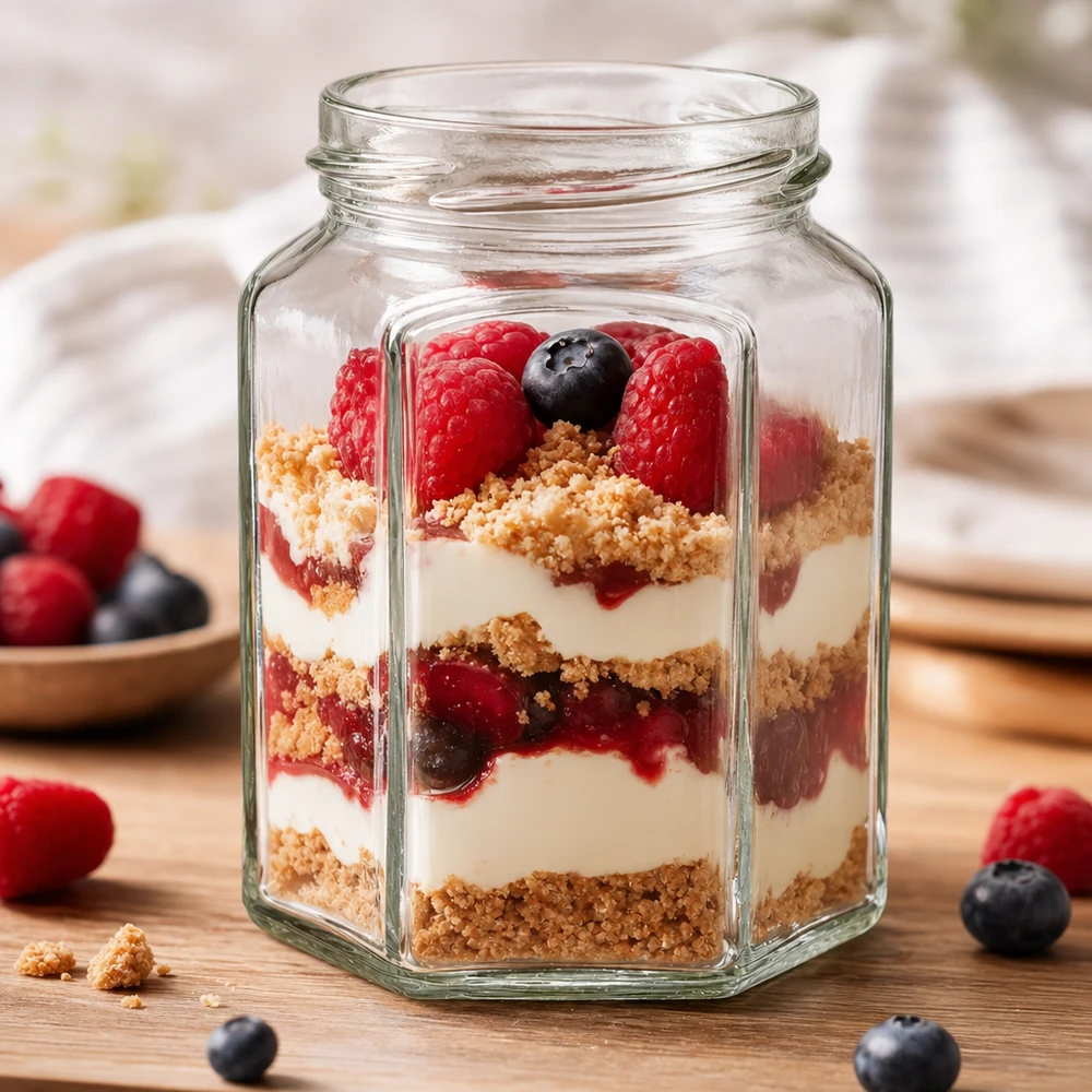 288ml Hexaglas ohne Deckel (TO63) UNiTWIST Sechseckiges 288ml Einmachglas aus Glas mit TO63 Verschluss gefüllt mit Dessert für professionelle Gastronomie und Leben