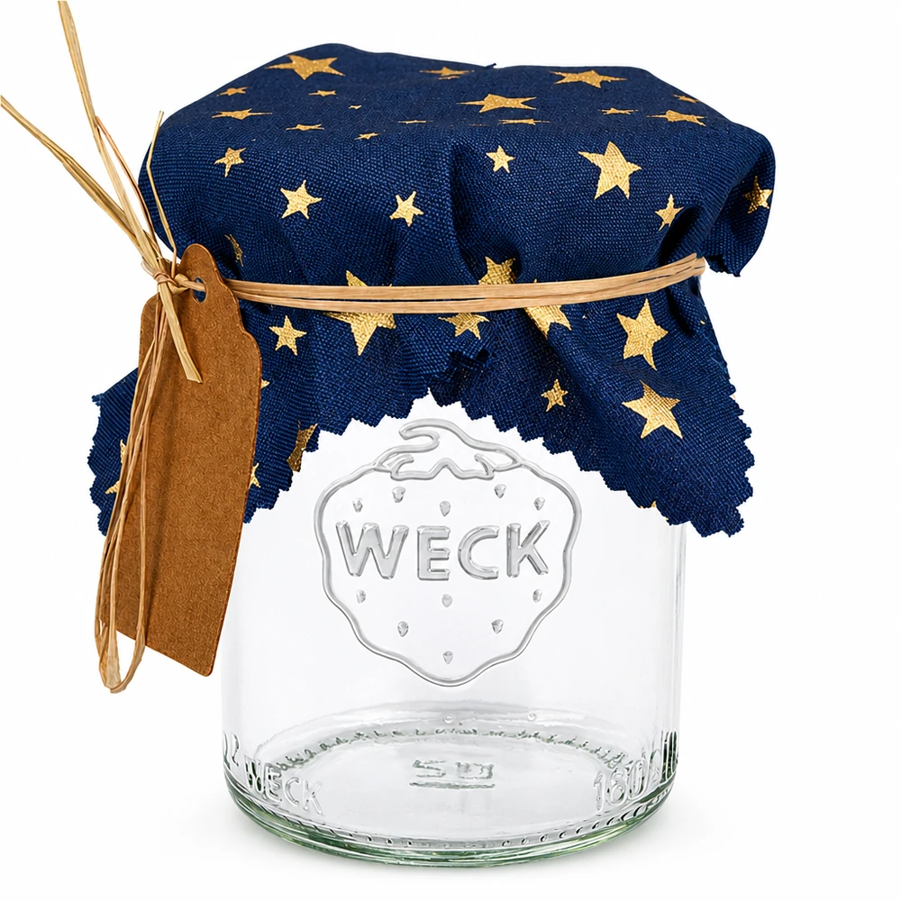 Stoff Schmuckdeckchen blau "Sterne" 12cm eckig Blaues Stoff-Schmuckdeckchen mit goldenen Sternen auf WECK-Glas, quadratisch 12cm, Marmeladendeckchen