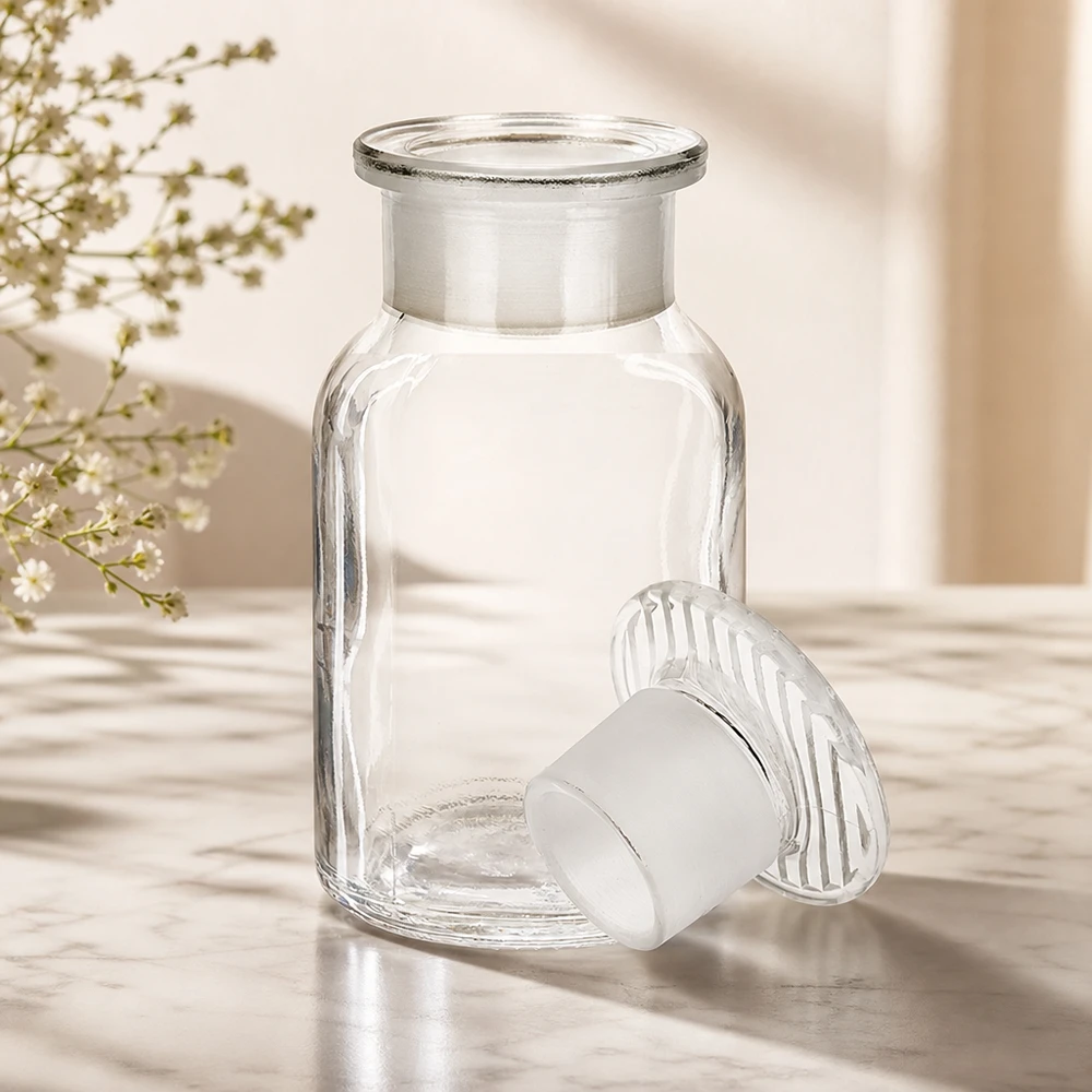 Rundschulterfl. 100ml klar Weithals Glasstopfen Rundschulterflasche 100ml Weithals klar mit Glasstopfen für professionellen Laborbedarf