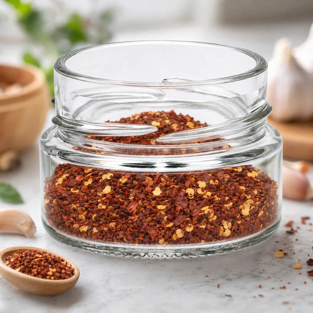 80ml Rundglas ohne Deckel (TO58deep) UNiTWIST UNiTWIST Runda80 Rundglas 80ml TO58deep mit Chili-Gewürzmischung gefüllt auf Küchenarbeitsplatte