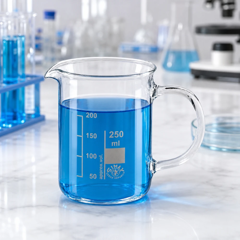 Becherglas 250ml Borosilikatglas, mit Henkel Becherglas 250ml Borosilikatglas mit Henkel gefüllt mit blauer Flüssigkeit im Laborumfeld