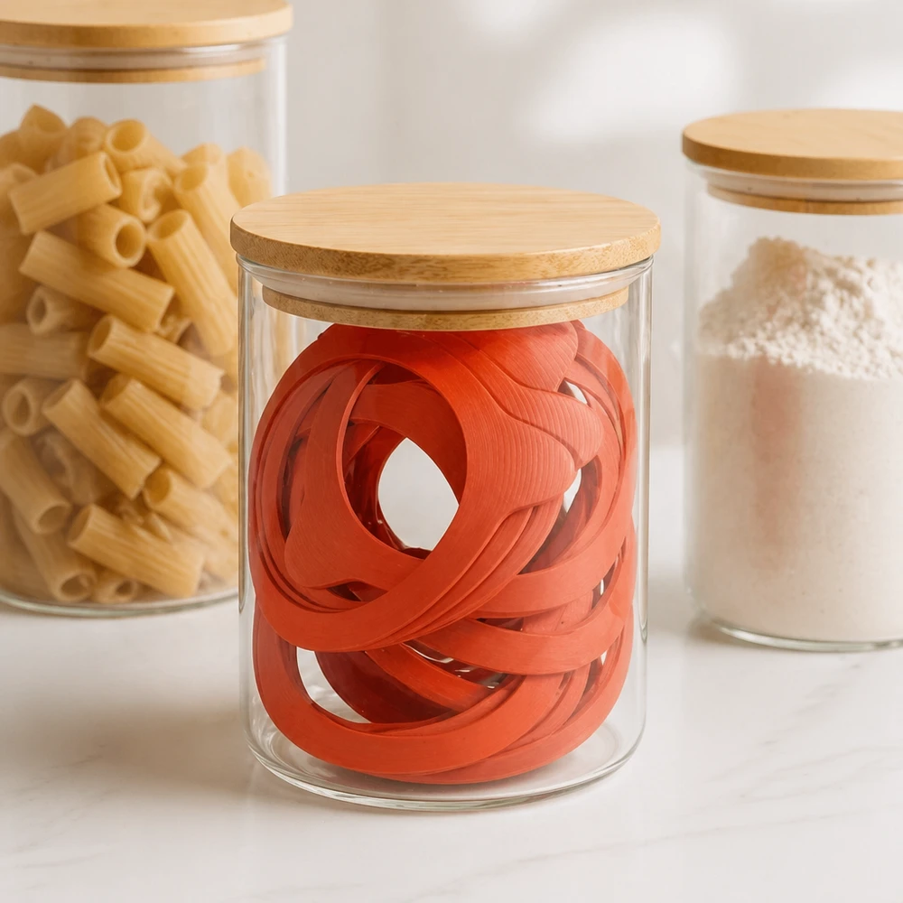 Einkochringe RR80 Naturgummi orange in Vorratsglas mit Holzdeckel neben Nudeln und Mehl professionelle Küche