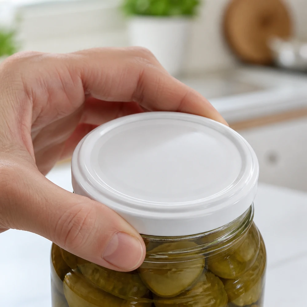 UNiTWIST TO58 weiss, BioSeal, BPA-NI, unitemp UNiTWIST TO58 Weißblech-Schraubdeckel BioSeal BPA-NI auf Einmachglas mit Gurken Gewerbeeinsatz Pacadura