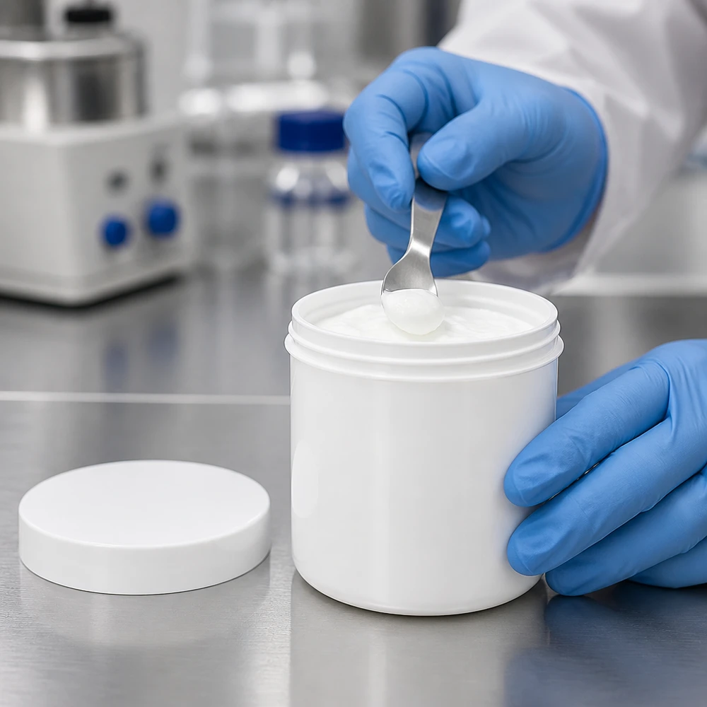 Salbenkruke 200g weiß PP Schraubdeckel Labor Apotheke pharmazeutische Verpackung professionell