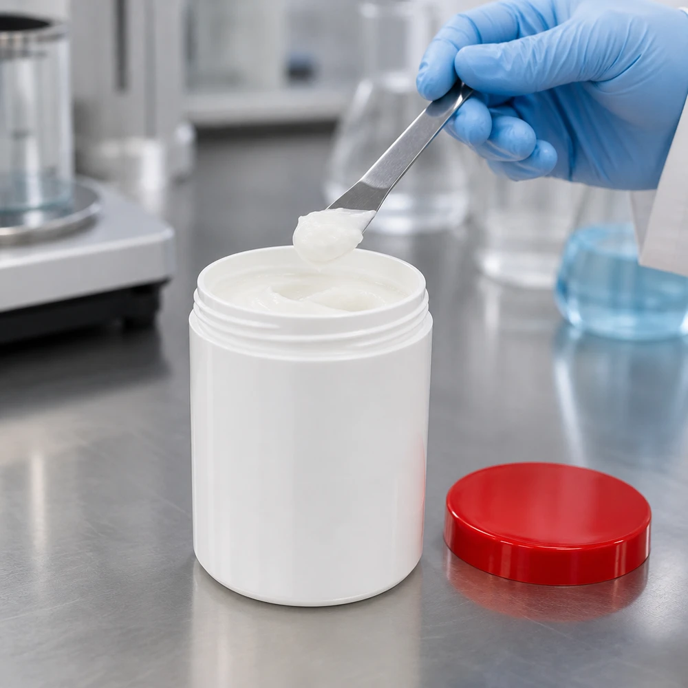 Salbenkruke 300g weiß PP mit rotem Schraubdeckel im Labor für professionelle Abfüllung