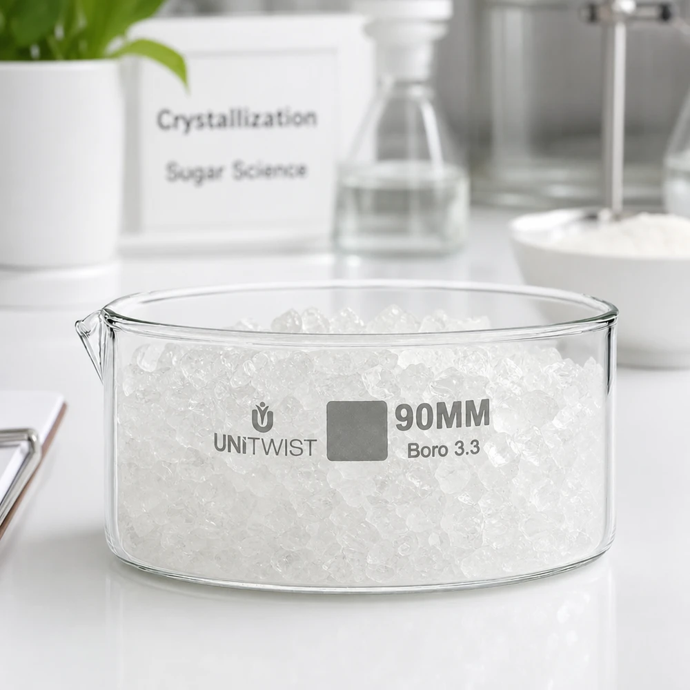 Kristallisierschale 90mm Borosilikatglas Boro 3.3 UNiTWIST mit Zuckerkristallen im Labor