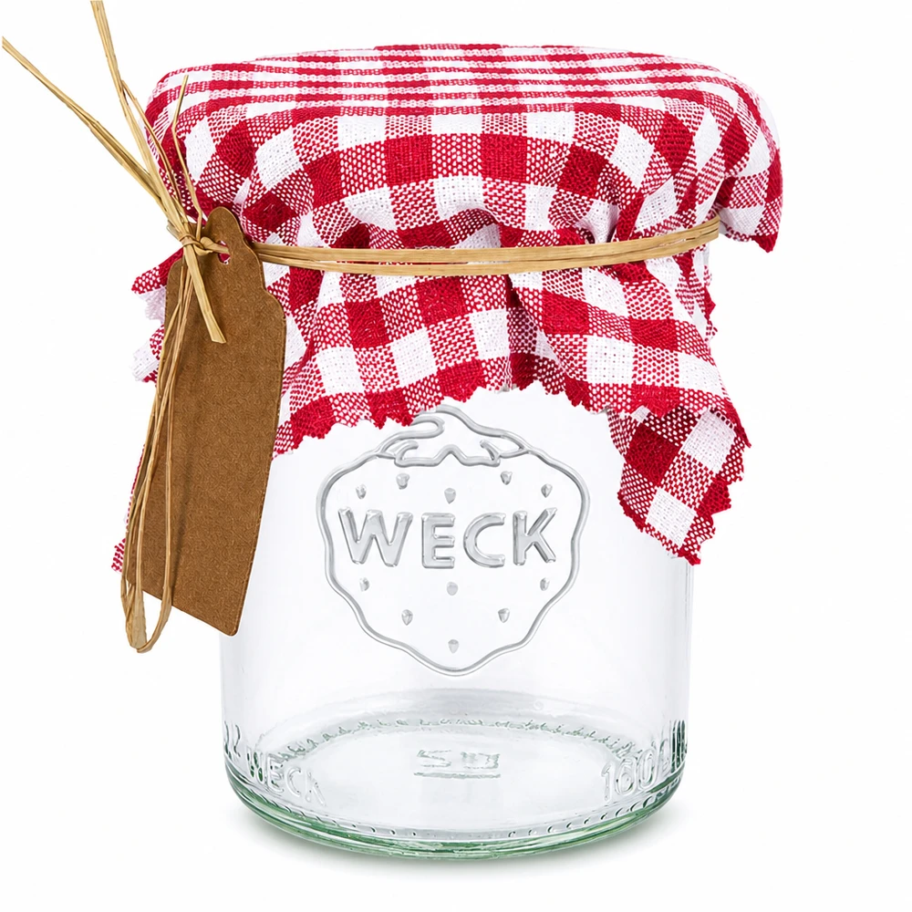 Stoff Schmuckdeckchen bordeaux-kariert 12cm eckig Stoff Schmuckdeckchen bordeaux-kariert 12cm eckig auf Weckglas mit rotem Gingham-Muster und braunem Etikett