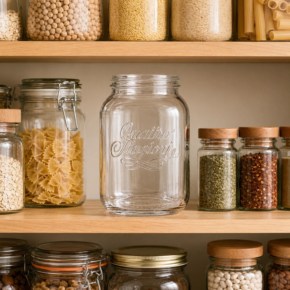 3000ml Quattro Stagioni Haushaltsglas Vorratsbehälter in organisierter Küche mit Pasta Gewürzen und Hülsenfrüchten