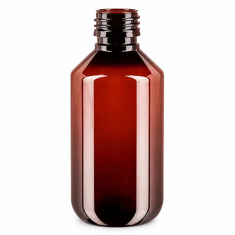 PET Flasche 200ml PP28 bernsteinfarben transparent ohne Verschluss für gewerbliche Abfüllung