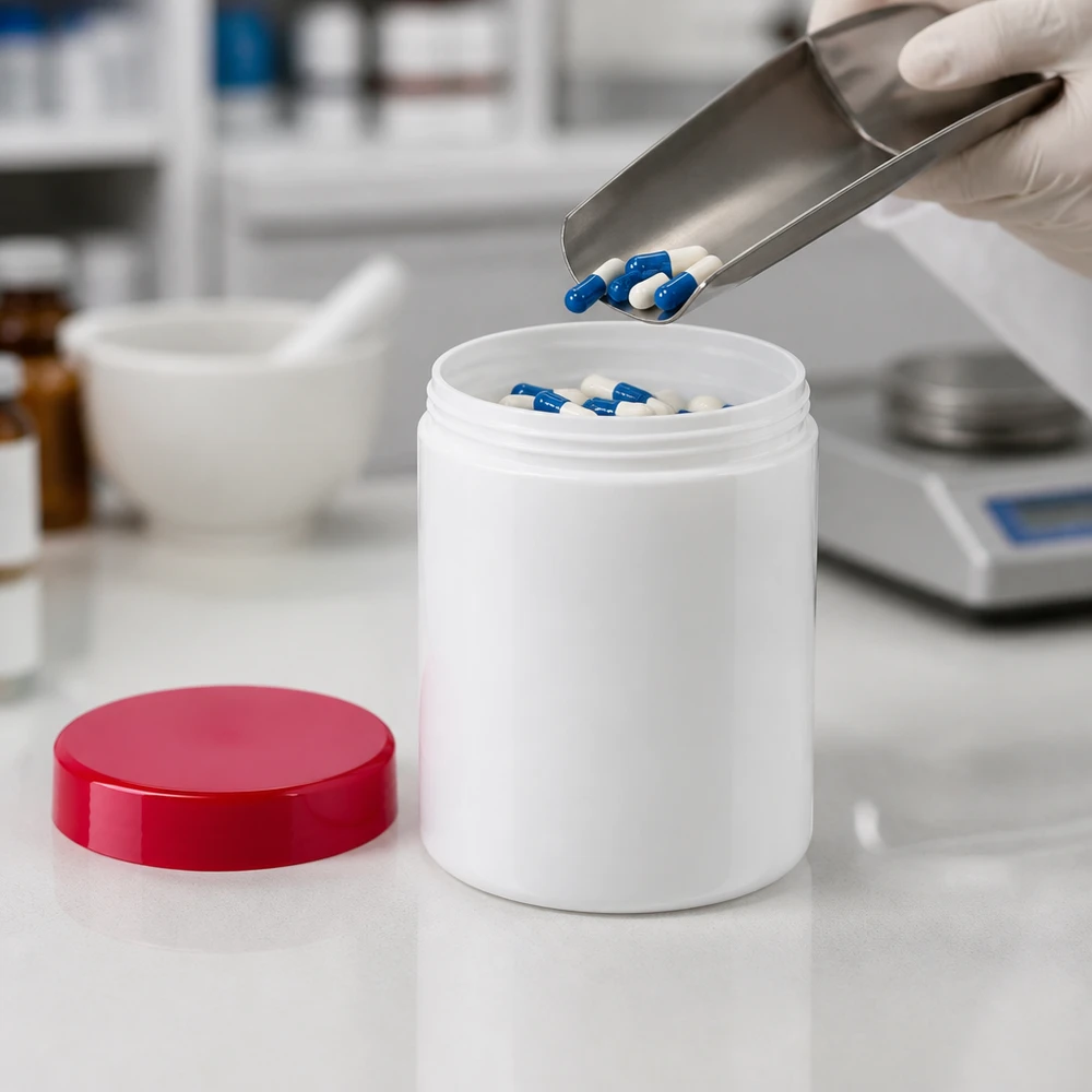 Salbenkruke 75g weiß mit rotem Schraubdeckel (Polypropylen) Salbenkruke 75g weiß PP-Kunststoff mit rotem Schraubdeckel für pharmazeutische Abfüllung im Labor
