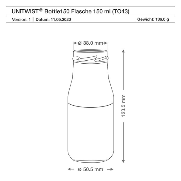 UNiTWIST Bottle150 Glasflasche 150ml TO43 mit Maßangaben 38mm Durchmesser 123,5mm Höhe technische Zeichnung