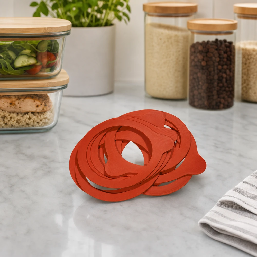 Einkochring Naturgummi RR60 Einkochring RR60 Naturgummi stapelbar orange auf Küchenarbeitsplatte mit Vorratsgläsern und Salat im Hintergrund
