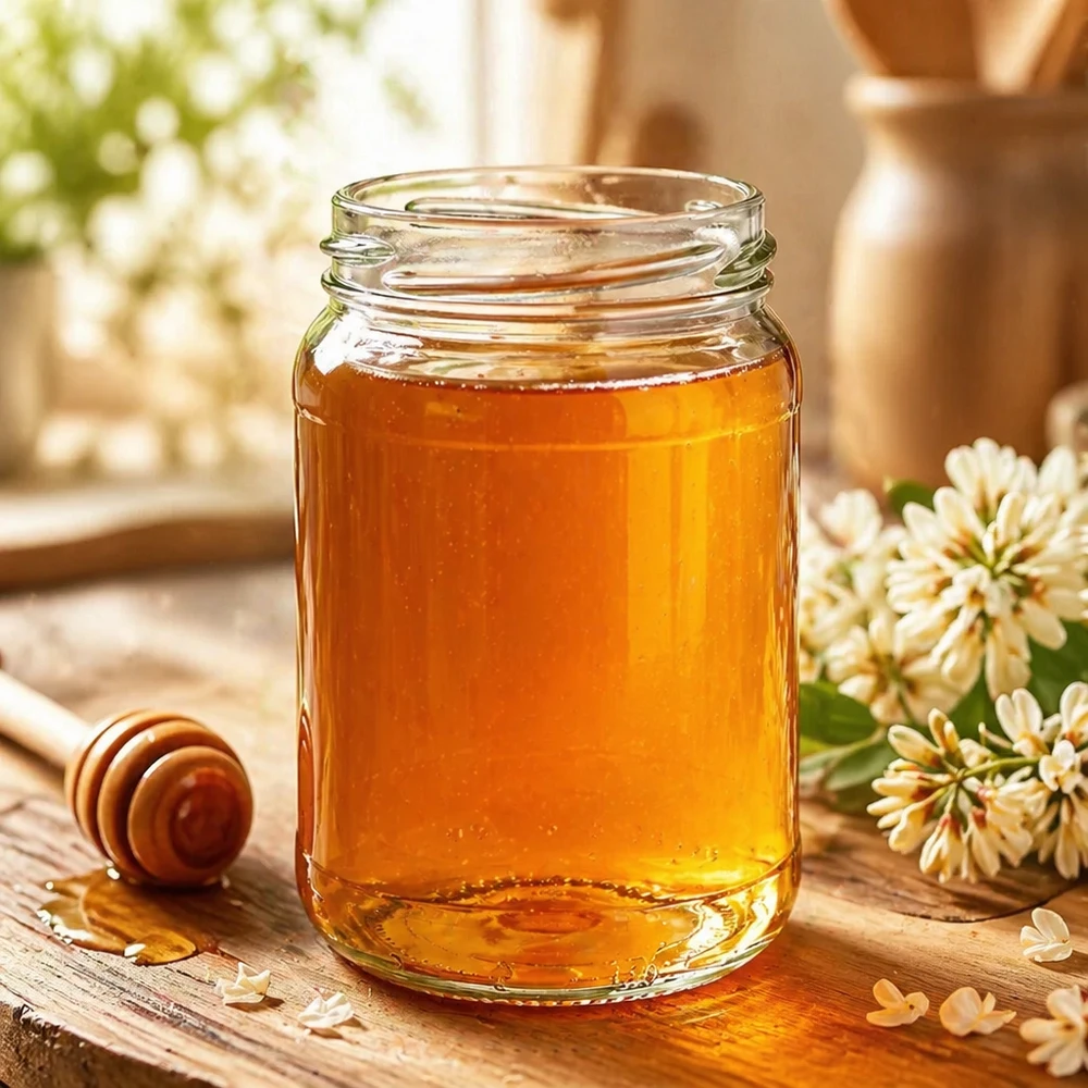 305ml Rundglas ohne Deckel (TO63) UNiTWIST UNiTWIST Runda305 Rundglas 305ml TO63 mit Honig gefüllt auf Holztisch neben Honiglöffel und weißen Blüten