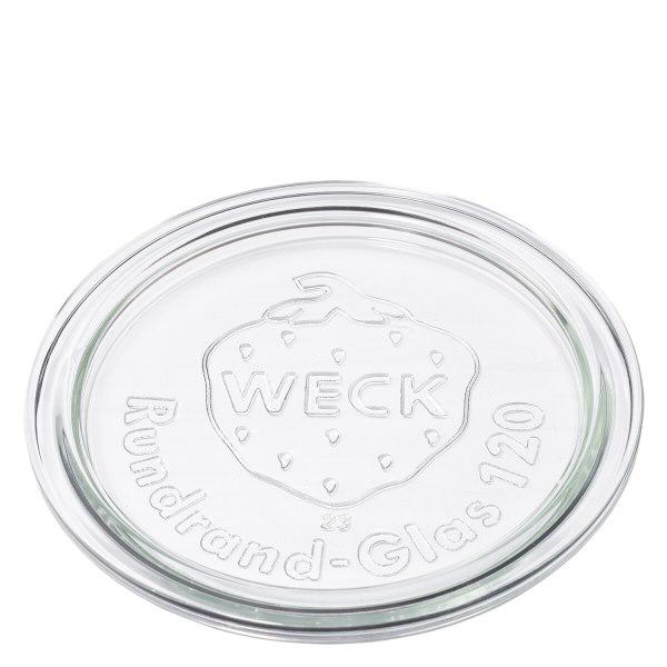 WECK Glasdeckel RR120 aus transparentem Glas mit geprägtem WECK Logo und Rundrand-Glas 120 Aufschrift