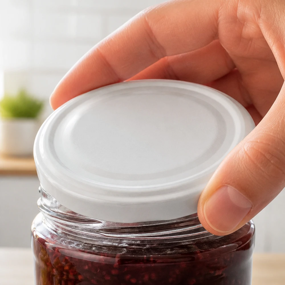 UNiTWIST TO66 weißer BioSeal BPA-NI Twist-Off-Deckel unitemp auf Einmachglas mit Beerenfüllung