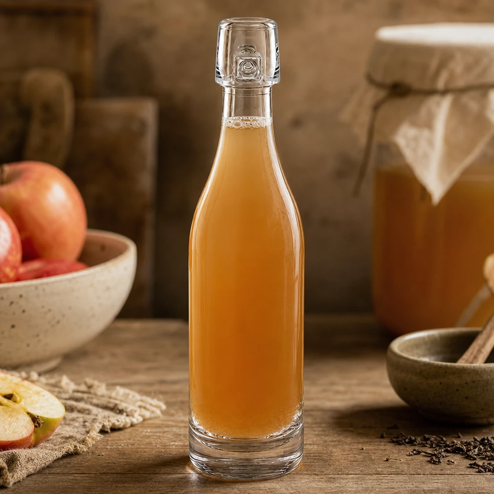 50ml Glasflasche ohne Bügelverschluss UNiTWIST® 50ml Glasflasche UNiTWIST mit Apfellikör gefüllt zwischen Apfelscheiben und Gewürzen auf natürlichem Holz