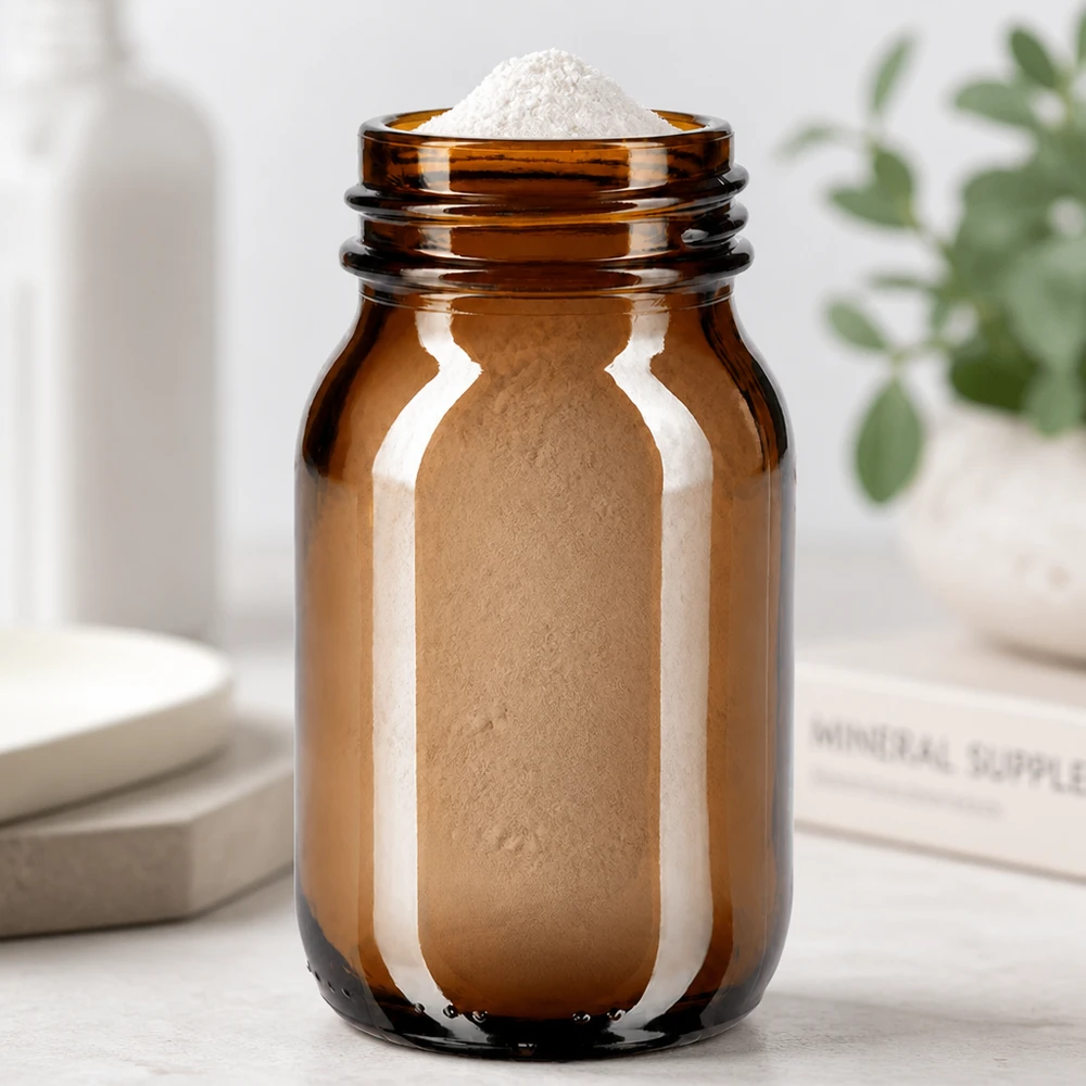 100ml Braunglas Weithalsflasche mit Pulver für professionelle Lagerung und Dosierung in Industrie und Labor