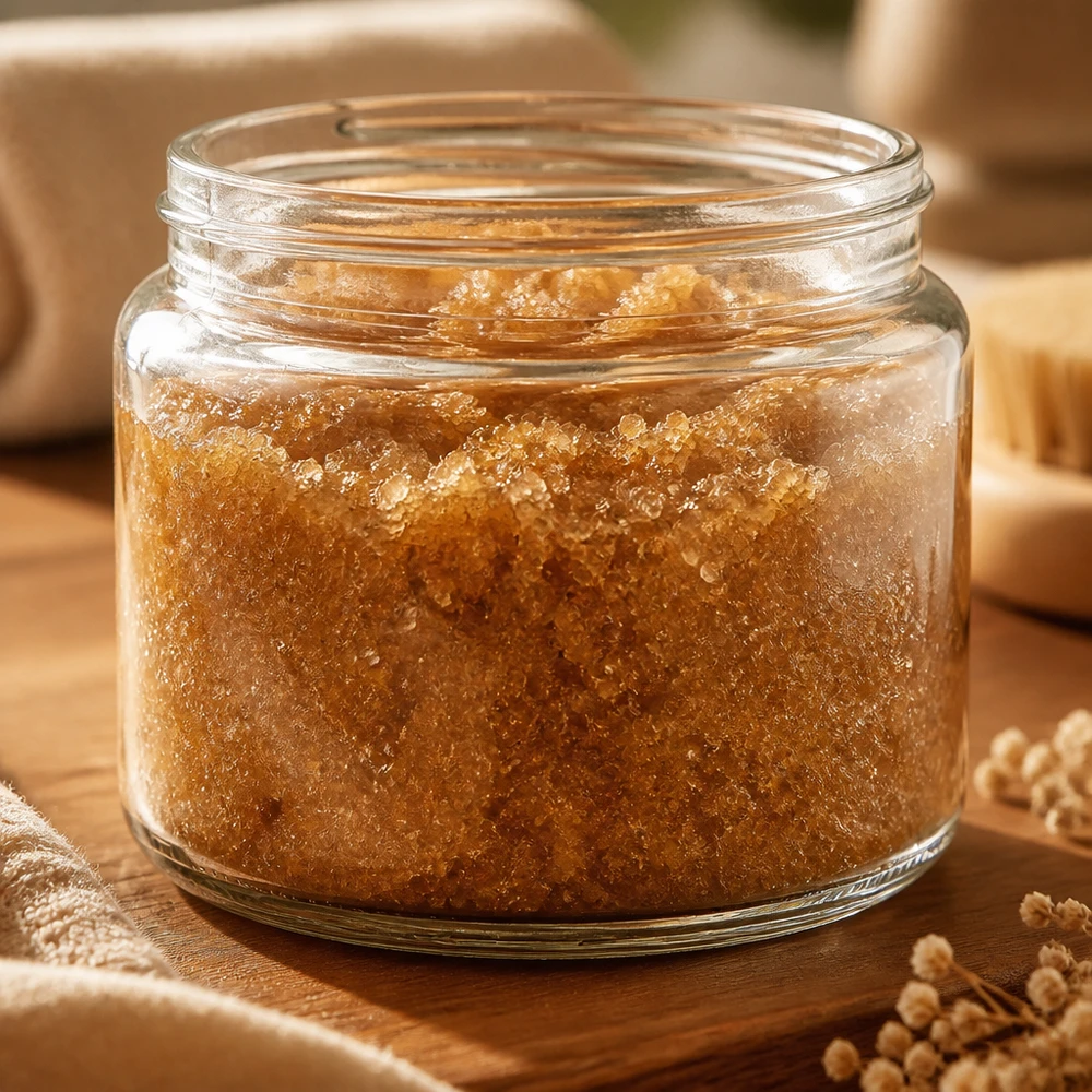 Salbenglas (Glastiegel) 250 ml klar, ohne Deckel Salbenglas 250ml klar gefüllt mit goldbraunem Peeling-Scrub auf Holzuntergrund natürliche Kosmetik Anwendung