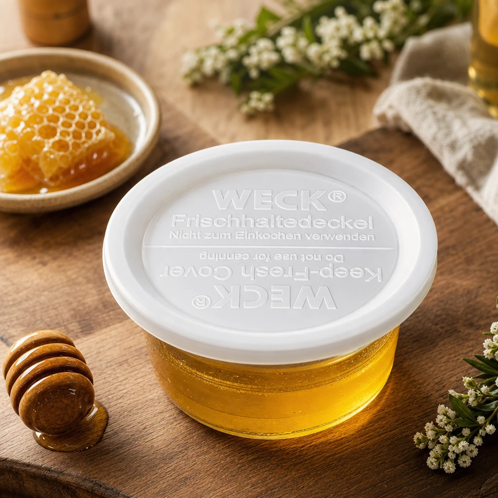 WECK Frischhaltedeckel RR120 WECK Frischhaltedeckel RR120 mit Honig und Bienenwabe auf Holzbrett natürliche Lebensmittelaufbewahrung