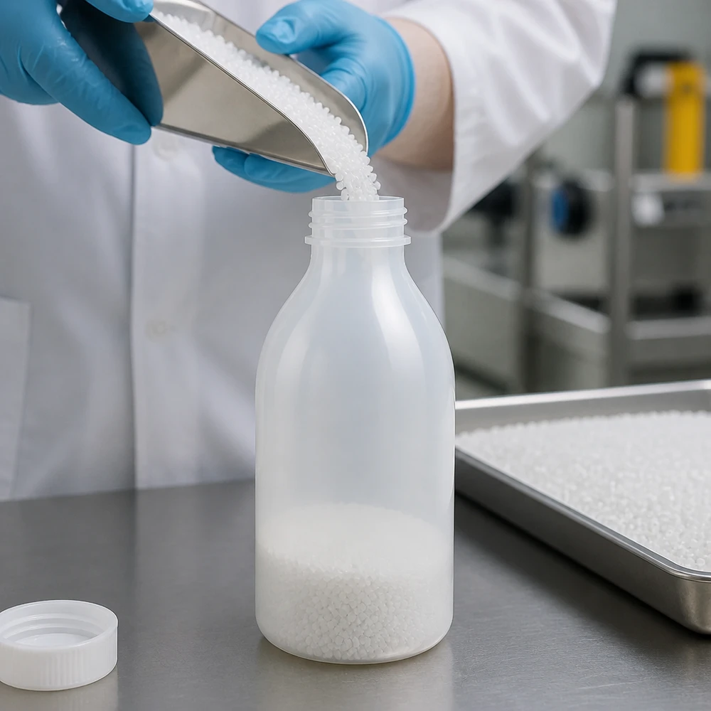 250ml Laborflasche Enghals ohne Verschluss 250ml Enghals-Laborflasche aus HDPE beim Befüllen mit Granulat im professionellen Laborbereich