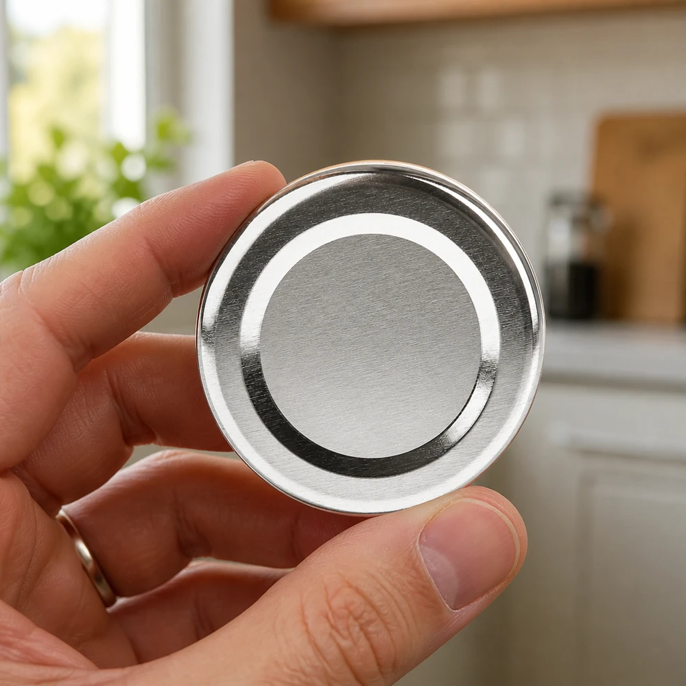48mm TO48 BasicSeal Twist-Off-Deckel silber aus Weißblech für gewerbliche Abfüllung in der Hand