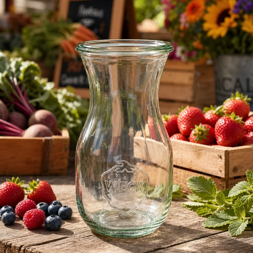 WECK Saftflasche 290ml RR60 auf Holztisch umgeben von frischen Beeren Erdbeeren und Kräutern im Bauernmarkt-Stil
