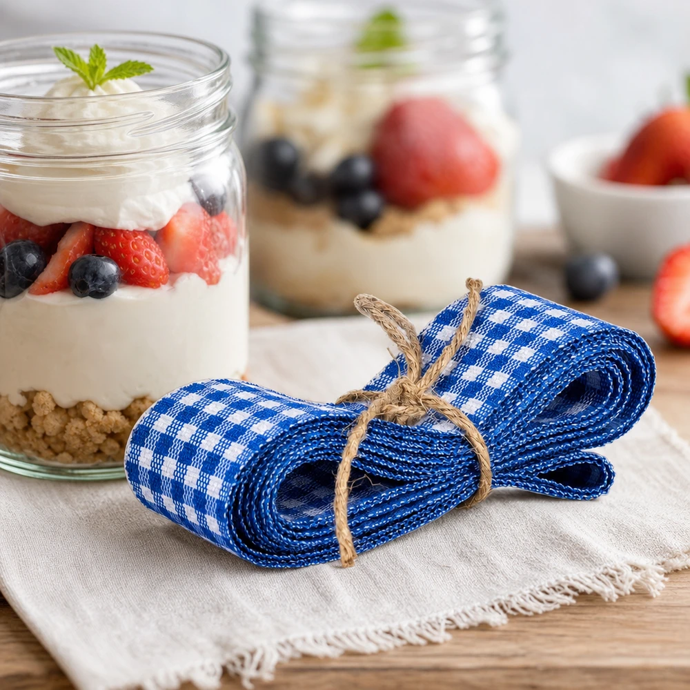 Stoffband blau/weiss zum Dekorieren 300cm Blau-weißes kariertes Stoffband 300cm dekorativ gebunden neben Dessertgläsern mit Joghurt und Beeren