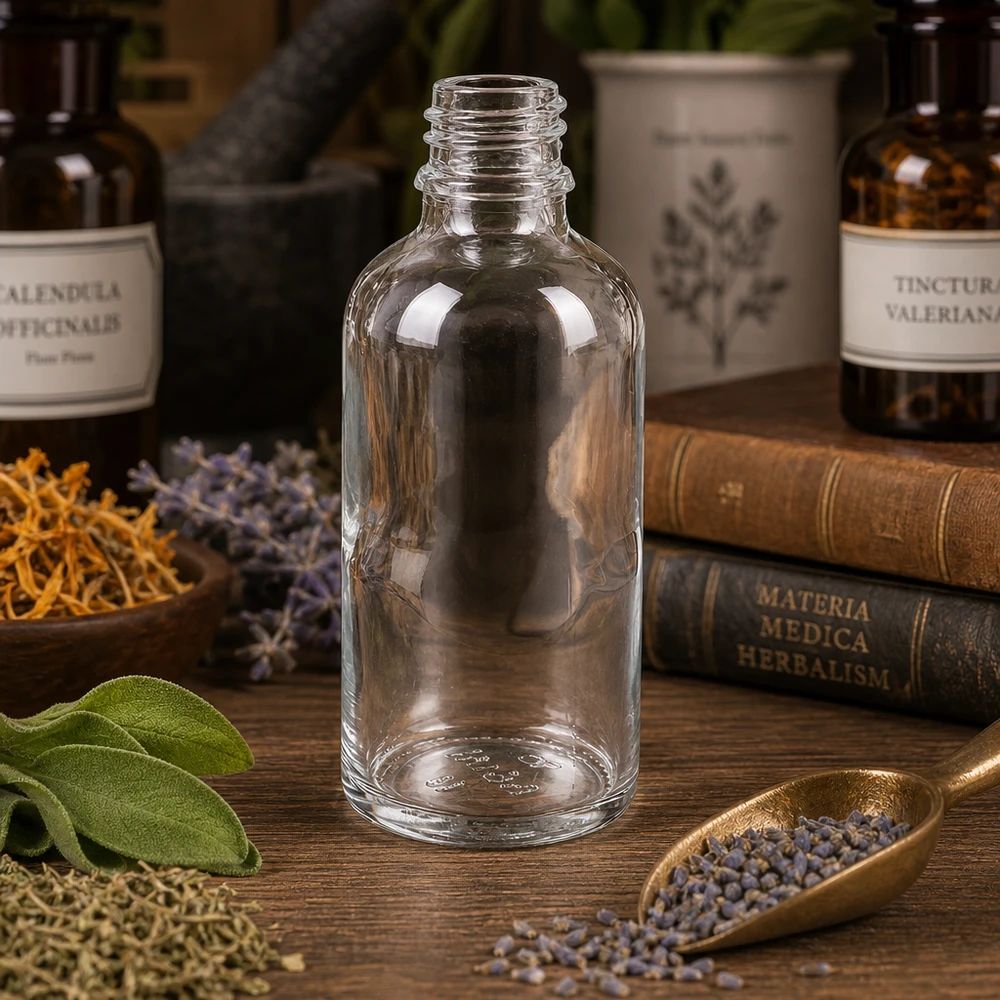 50ml Apothekenflasche aus klarem Glas für professionelle Anwendung in Pharmazie und Kosmetik bei Pacadura
