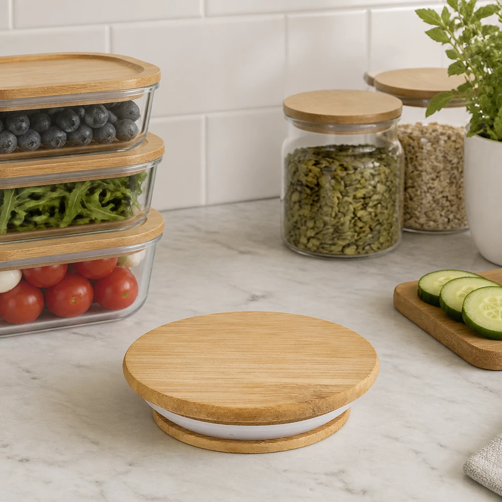 WECK Holzdeckel RR40 Eiche Version A in moderner Küche mit Vorratsgläsern Lifestyle Anwendung praktische Aufbewahrung