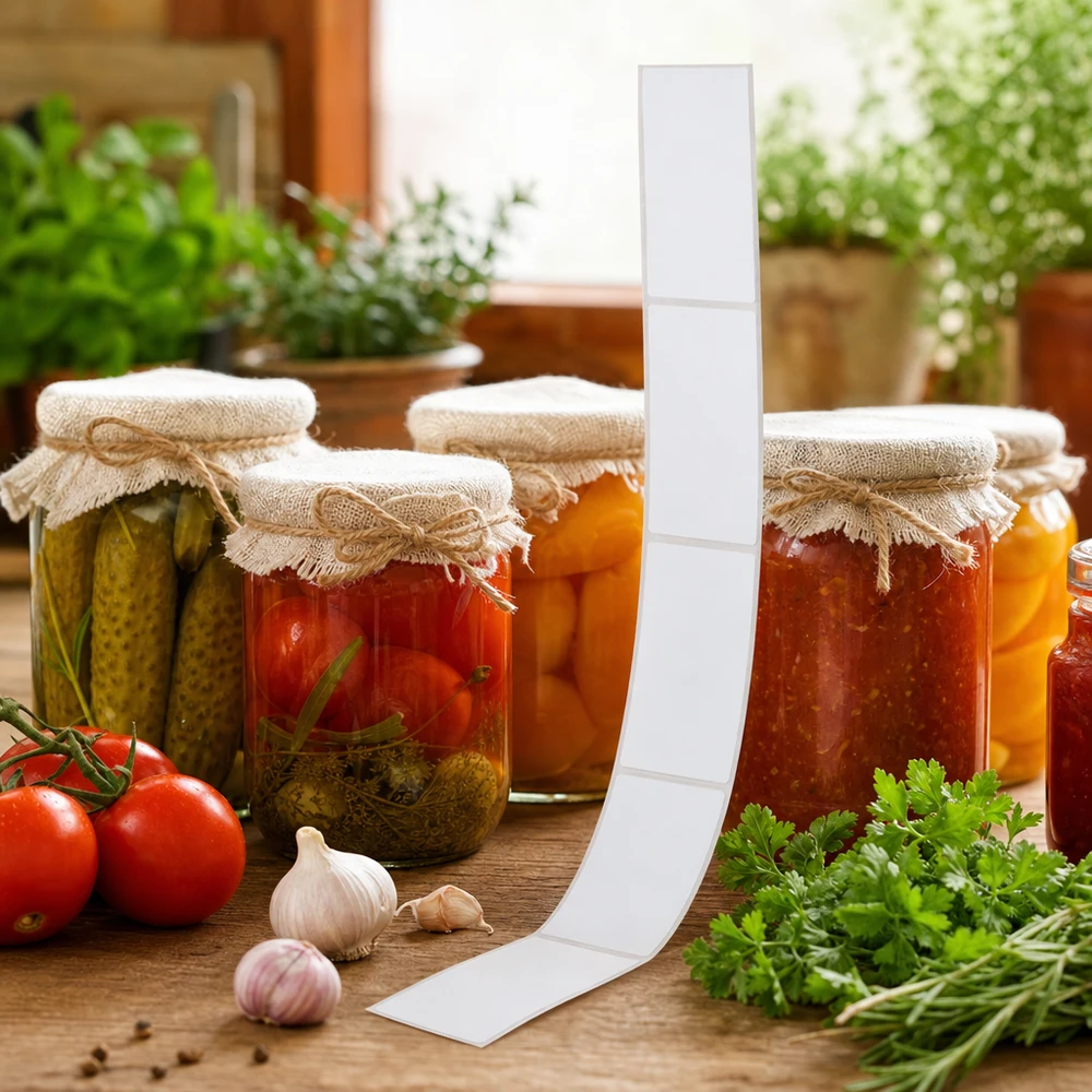 Beschriftungsetiketten 54x154,5mm an Einmachgläsern mit hausgemachten Konserven und Marmeladen angebracht