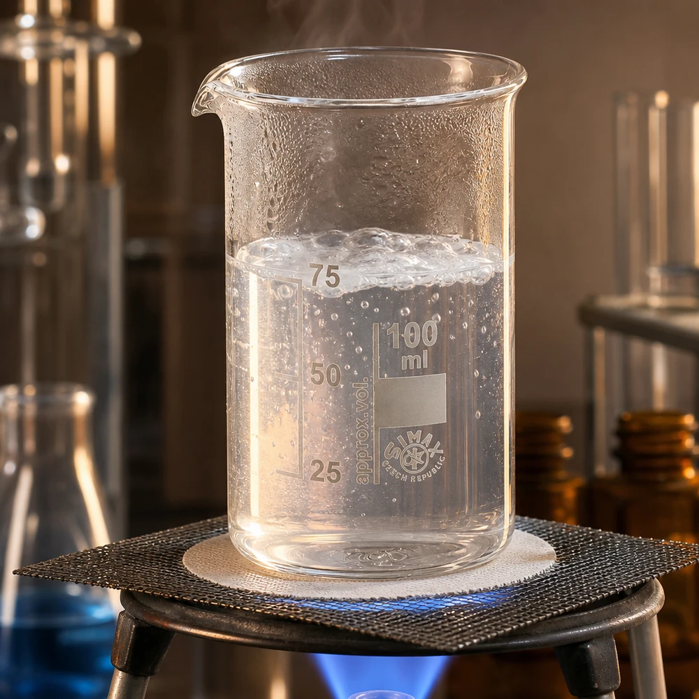 Becherglas 100ml Borosilikatglas, hohe Form Becherglas 100ml Borosilikatglas hohe Form auf Bunsenbrenner erhitzt im Labor professioneller Einsatz