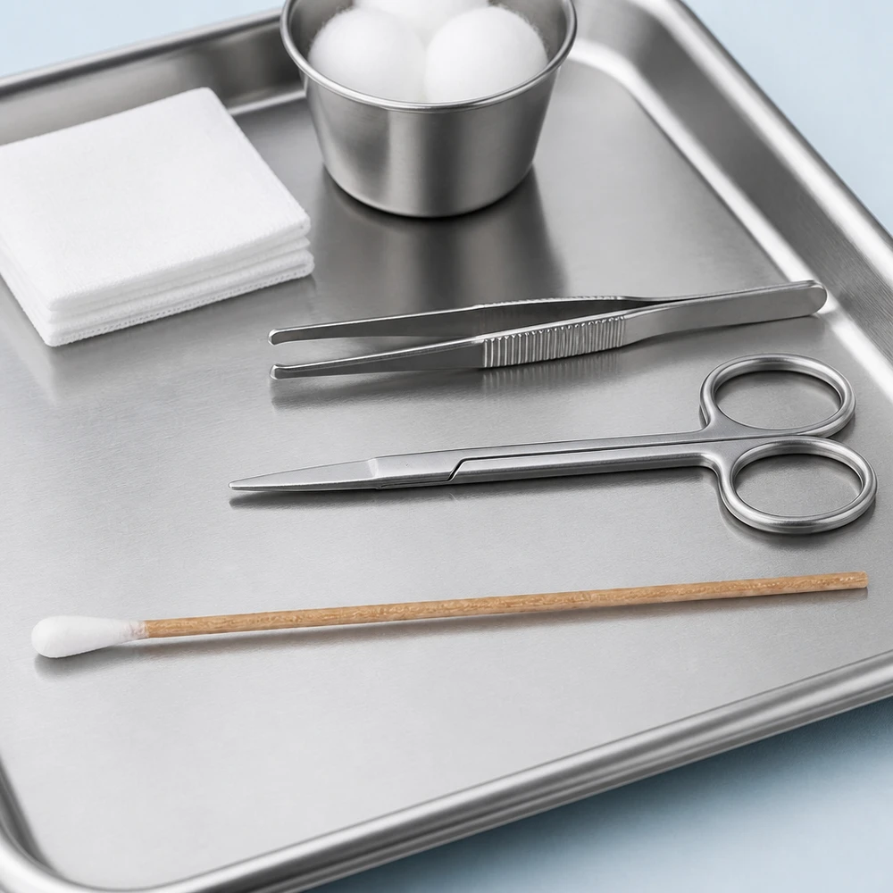 Unsterile Wattestäbchen auf medizinischem Edelstahltablett mit Holzschaft für professionellen Einsatz im Fachhandel