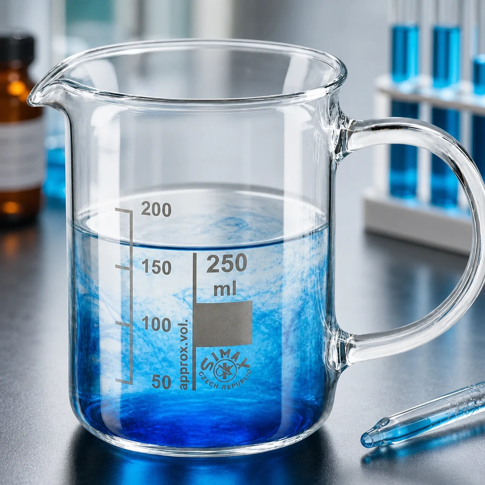 Becherglas 250ml Borosilikatglas, mit Henkel Becherglas 250 ml Borosilikatglas mit Henkel und Skalierung für professionellen Laboreinsatz