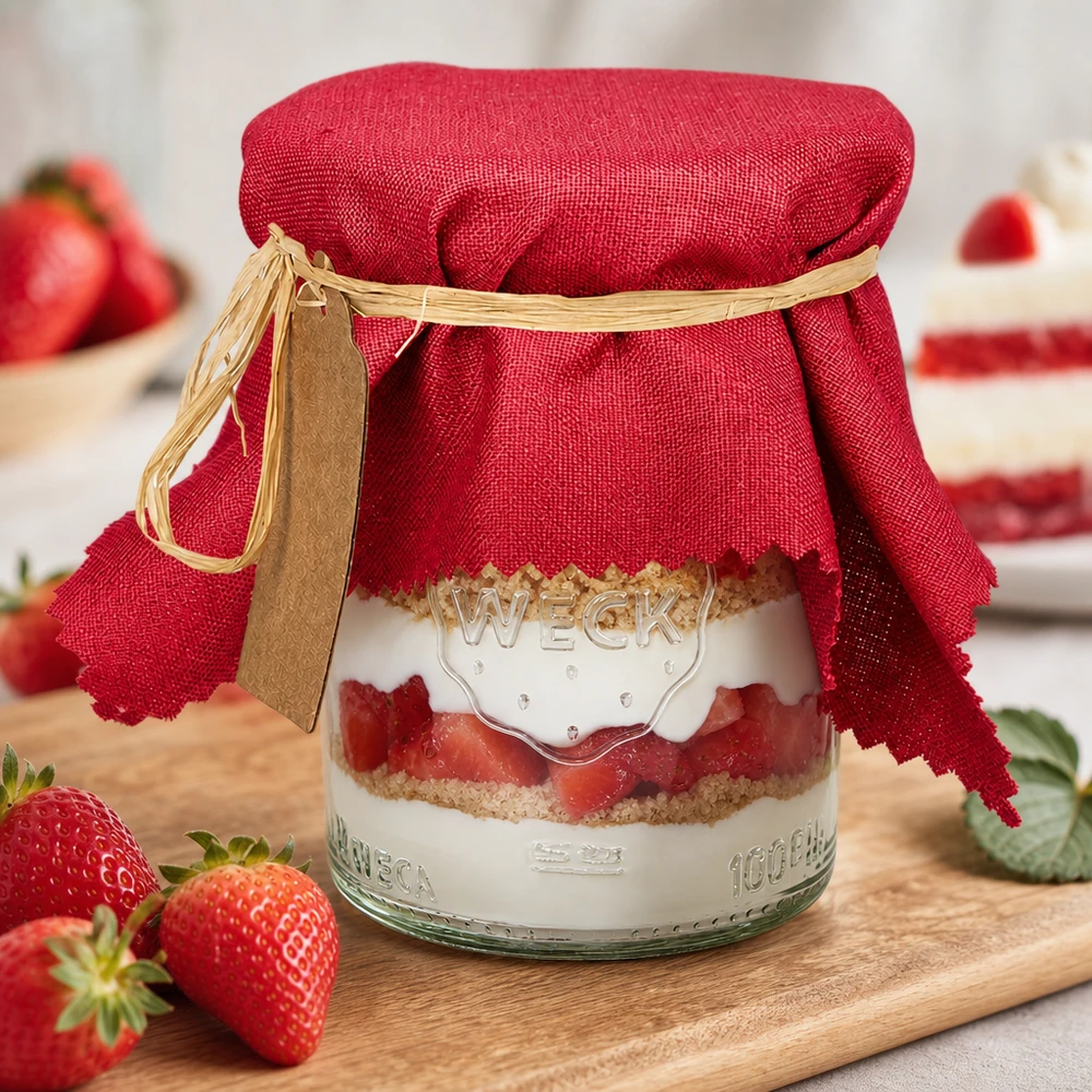 Bordeauxrotes 15cm Stoff Schmuckdeckchen auf Schichtkuchen-Glas mit frischen Erdbeeren und Holzbrett-Dekoration