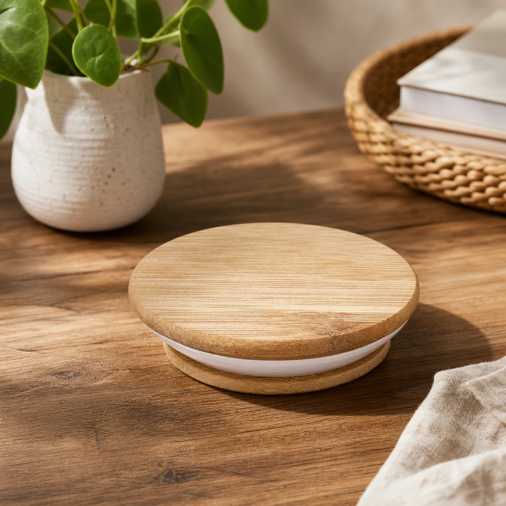 Holzdeckel (Buche) unbedruckt für WECK RR60 Holzdeckel WECK RR60 auf Holztisch in natürlichem Ambiente mit Pflanze und Korb als Lifestyle Produktfotografie