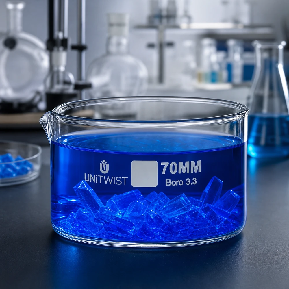 Kristallisierschale ø70mm Borosilikatglas UNiTWIST Kristallisierschale 70mm Borosilikatglas Boro 3.3 UNiTWIST für Labor und Gewerbe mit blauer Lösung