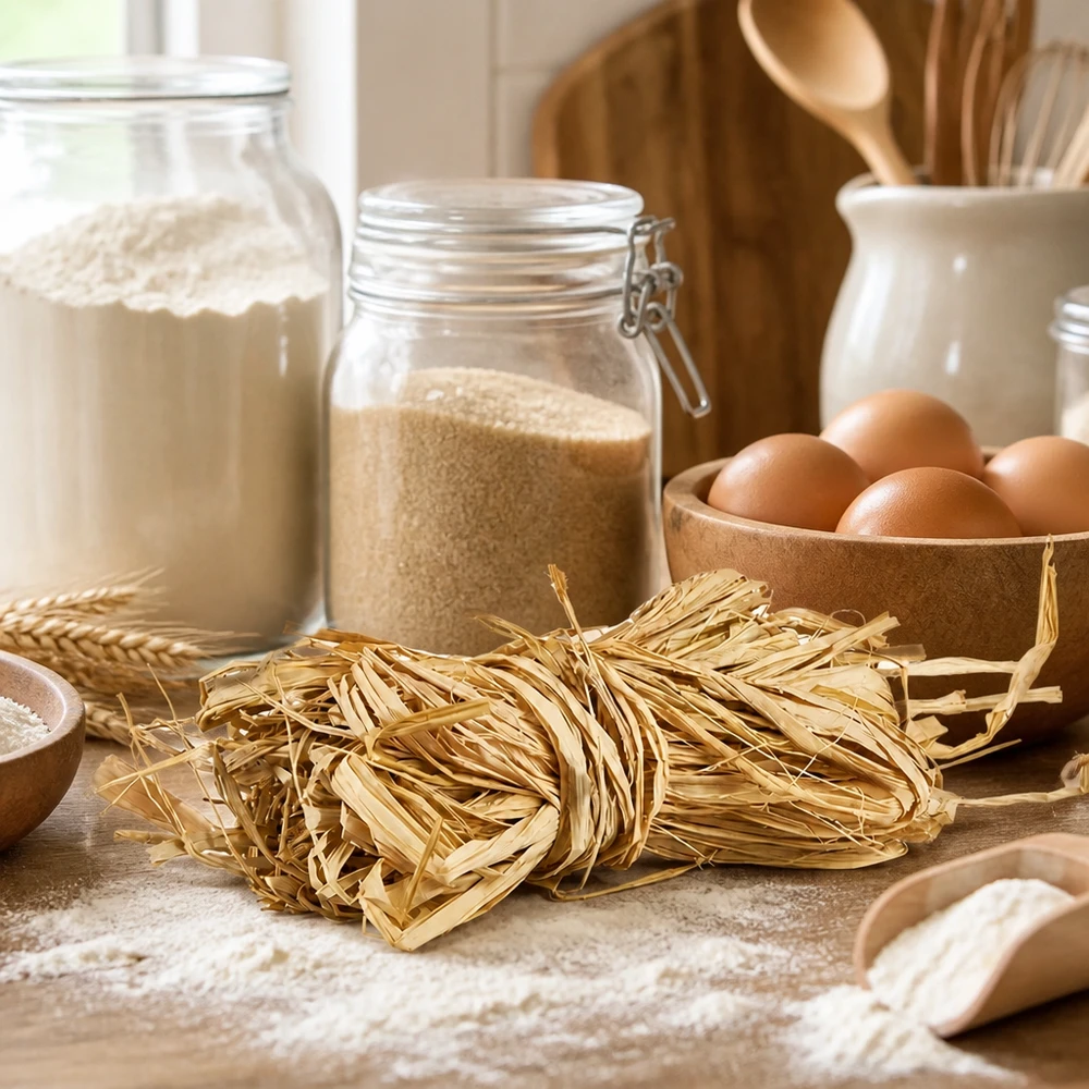 Naturbast 30g goldbeige als Küchenhelfer für Pasta-Bündel neben Eiern und Mehl zeigt traditionelle Verwendung