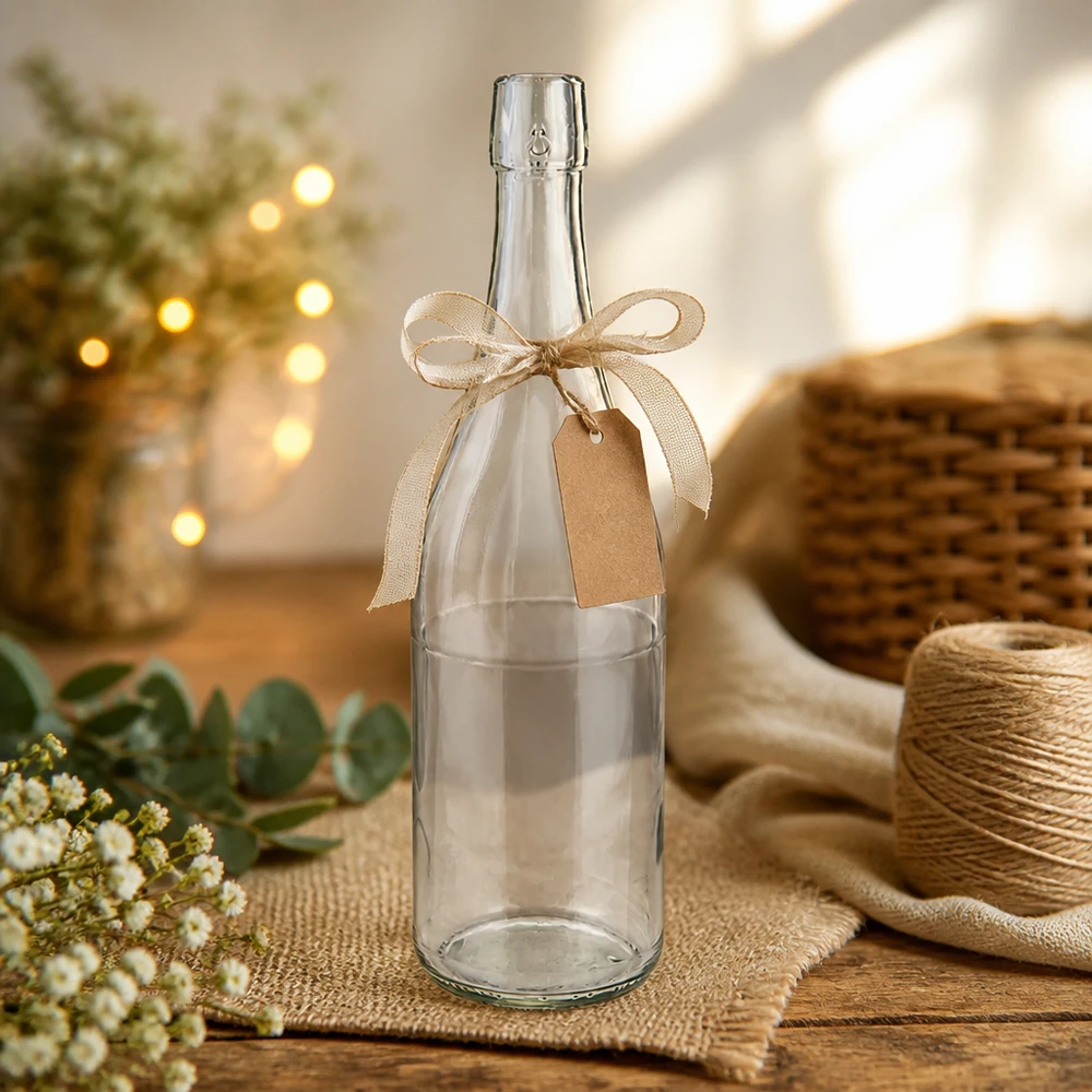 750ml Glasflasche ohne Bügelverschluss UNiTWIST® 750ml UNiTWIST Glasflasche dekorativ mit Schleife und Geschenkanhänger rustikal inszeniert Bastelmaterial Jute